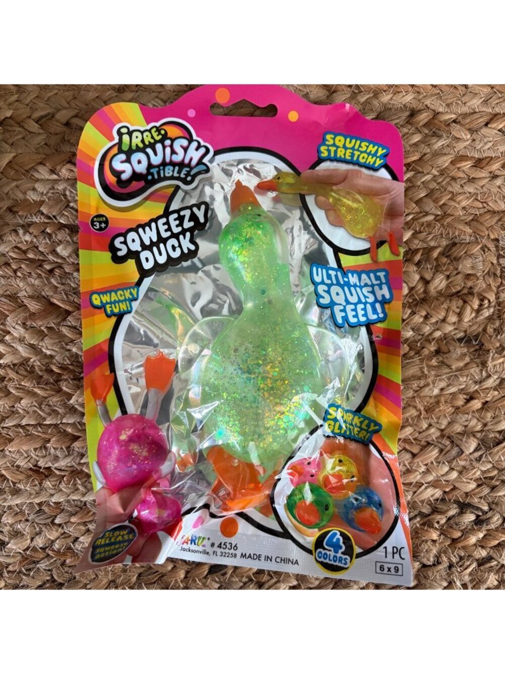 JA-RU Irre-Squish-Tible Squeezy Duck Green Glitter New In Package